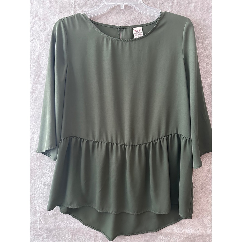 Faded Glory Womens Sea Turtle Olive Green Peplum 3/4 Sleeve Blouse M 8-10